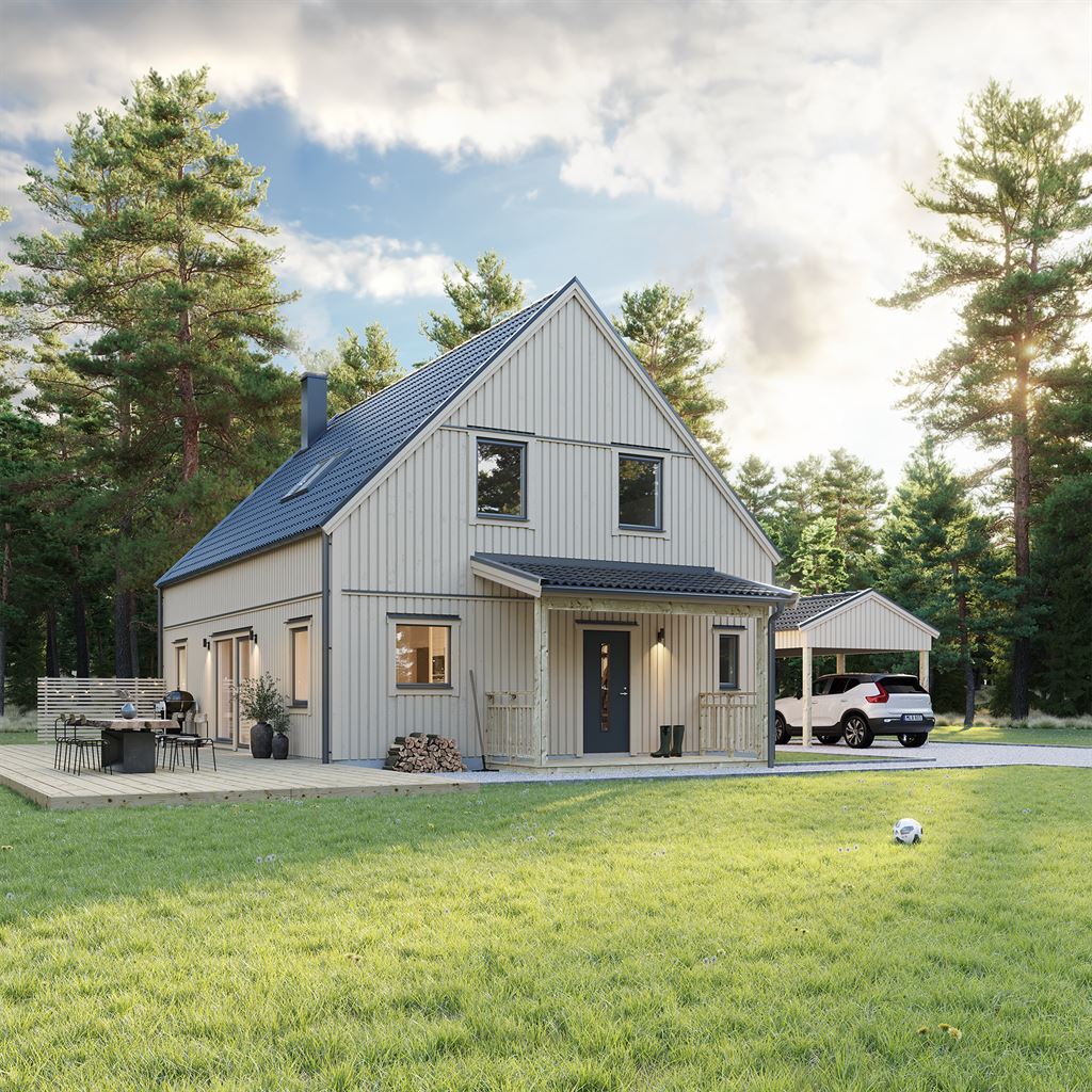 Beige Villa Talludden modern med entréveranda Hjälmaren och carport